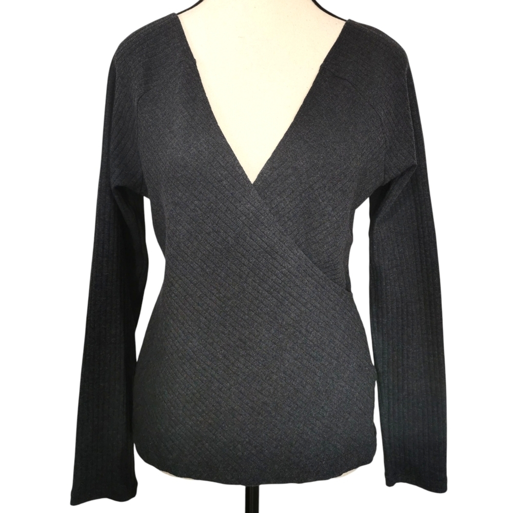 Anthropologie Maeve Crossover V-Neck Front Ribbed Charcoal Grey Sweater - Sz M